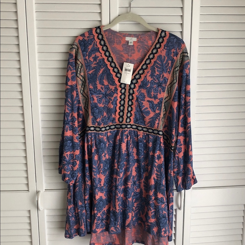 NEW J Jill Floral Embroidered Tunic Top Large Pink Blue Flower 3/4 Length Sleeve
